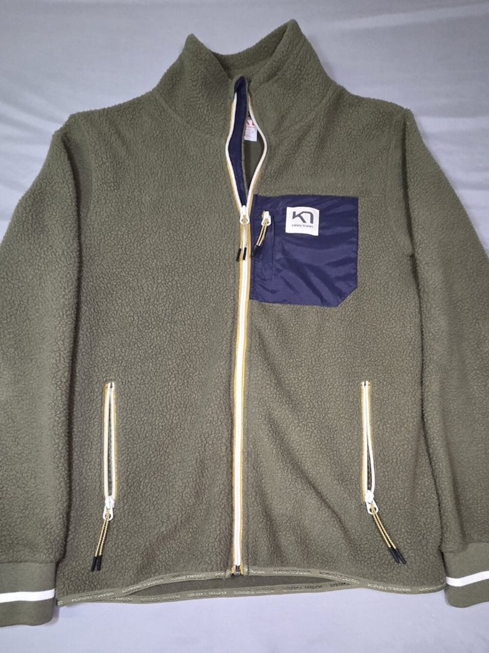 Kari Traa Olive Sherpa Fleece Full Zip Jacket Navy Chest Pocket Womens M